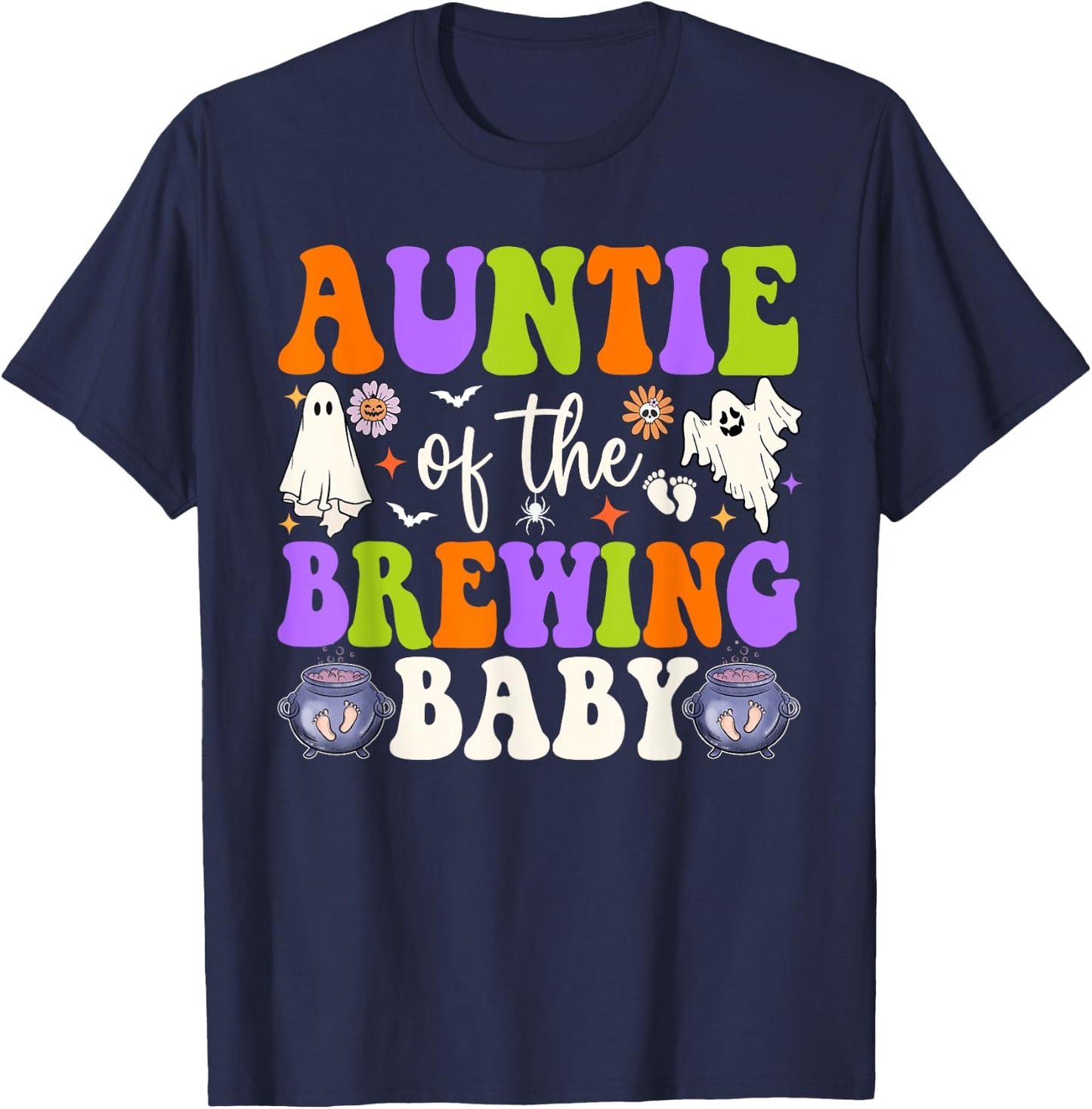 Auntie of Brewing Baby Halloween Theme Baby Shower Spooky T-Shirt - T-Shirt | Navy