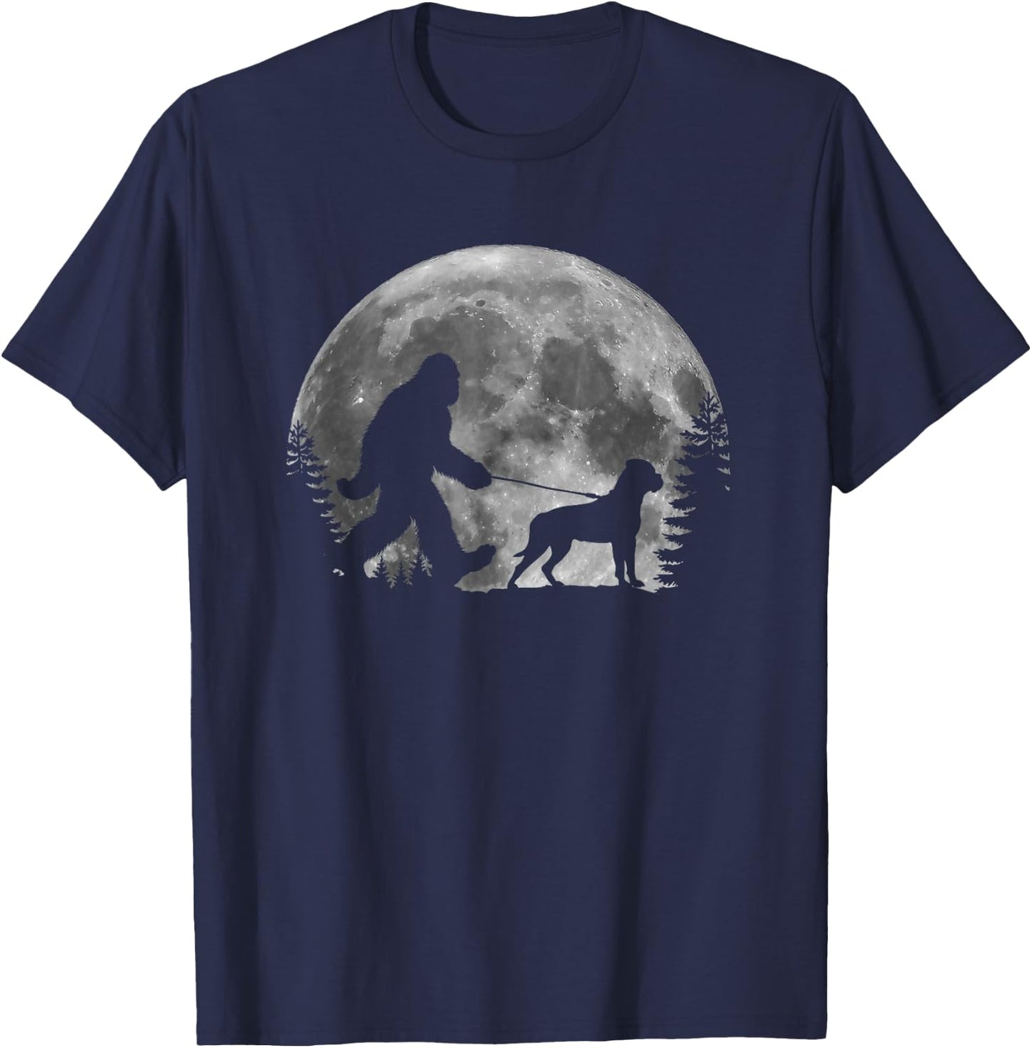 Bigfoot Walking a Dog Funny Bull Mastiff Moon Halloween Men Women Kids T-Shirt - T-Shirt | Navy