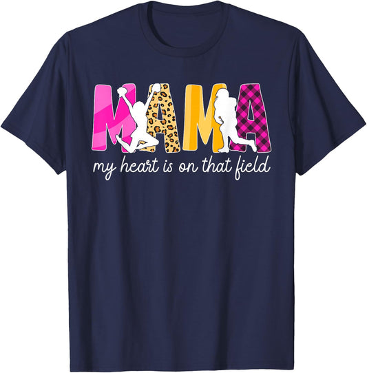 Mama My Heart Is On That Field Football And Cheer Mom T-Shirt - T-Shirt | Navy