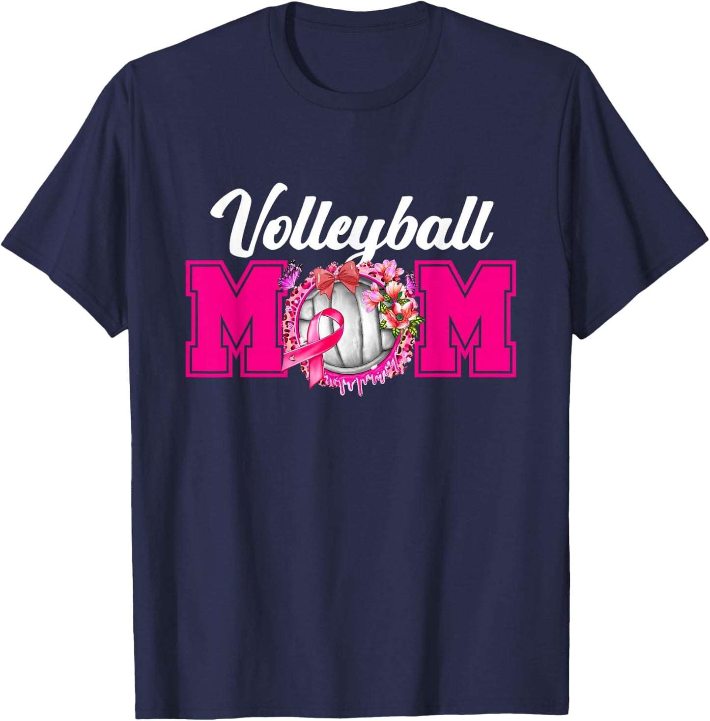 Volleyball Mom Pink Ribbon Breast Cancer Fighter Sport Fan T-Shirt - T-Shirt | Navy