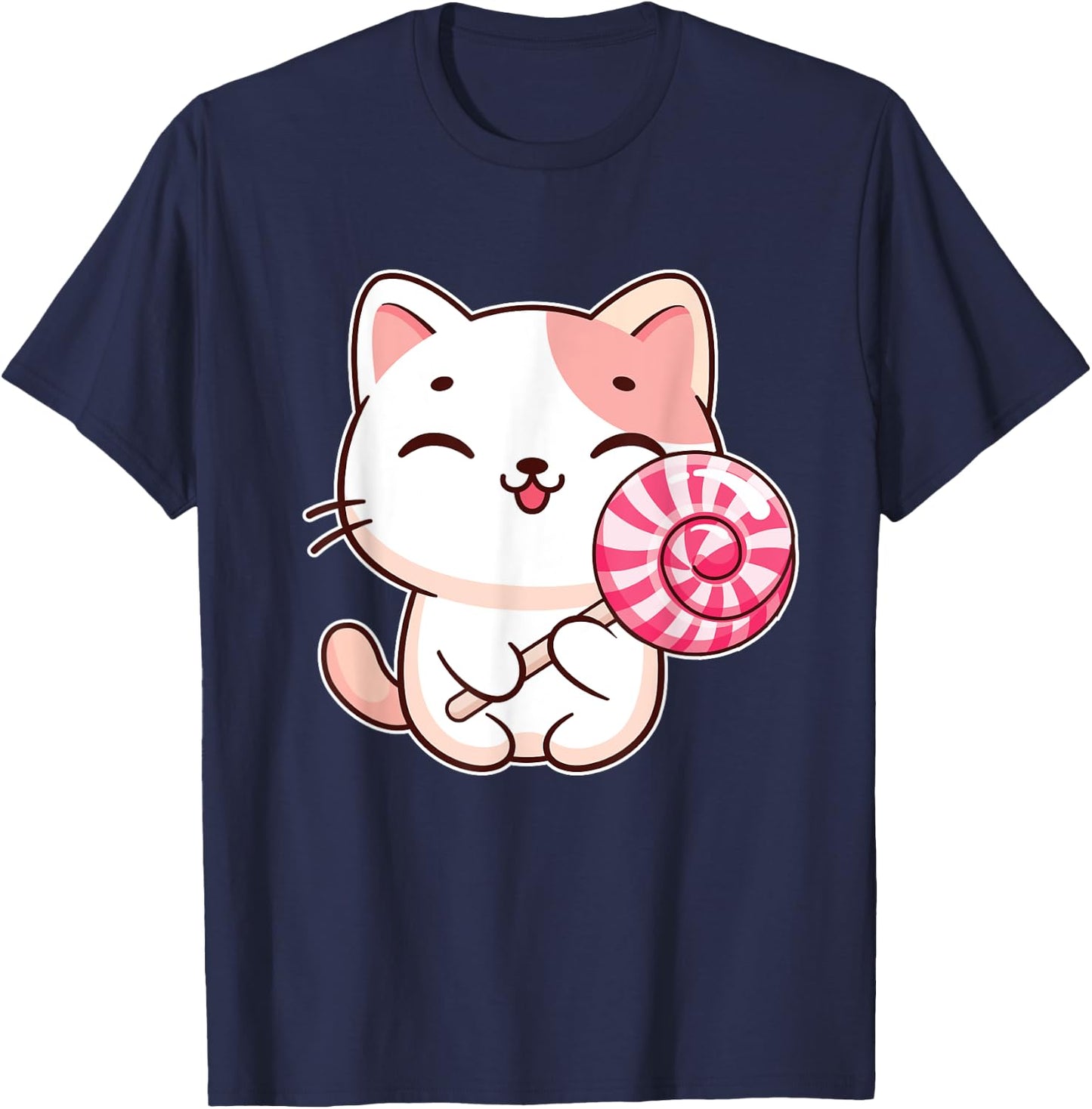 Kawaii Cat With Lollipop - Lollipop Candy Lovers Sweets T-Shirt - T-Shirt | Navy