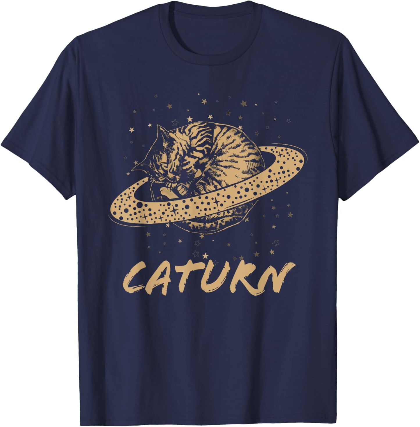 Cat Staring at Planet Saturn Retro Science Caturn Astrology T-Shirt - T-Shirt | Navy