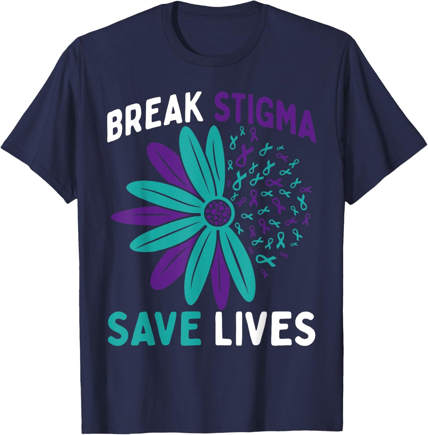 Suicide Prevention Awareness Teal & Purple Break Stigma T-Shirt - T-Shirt | Navy