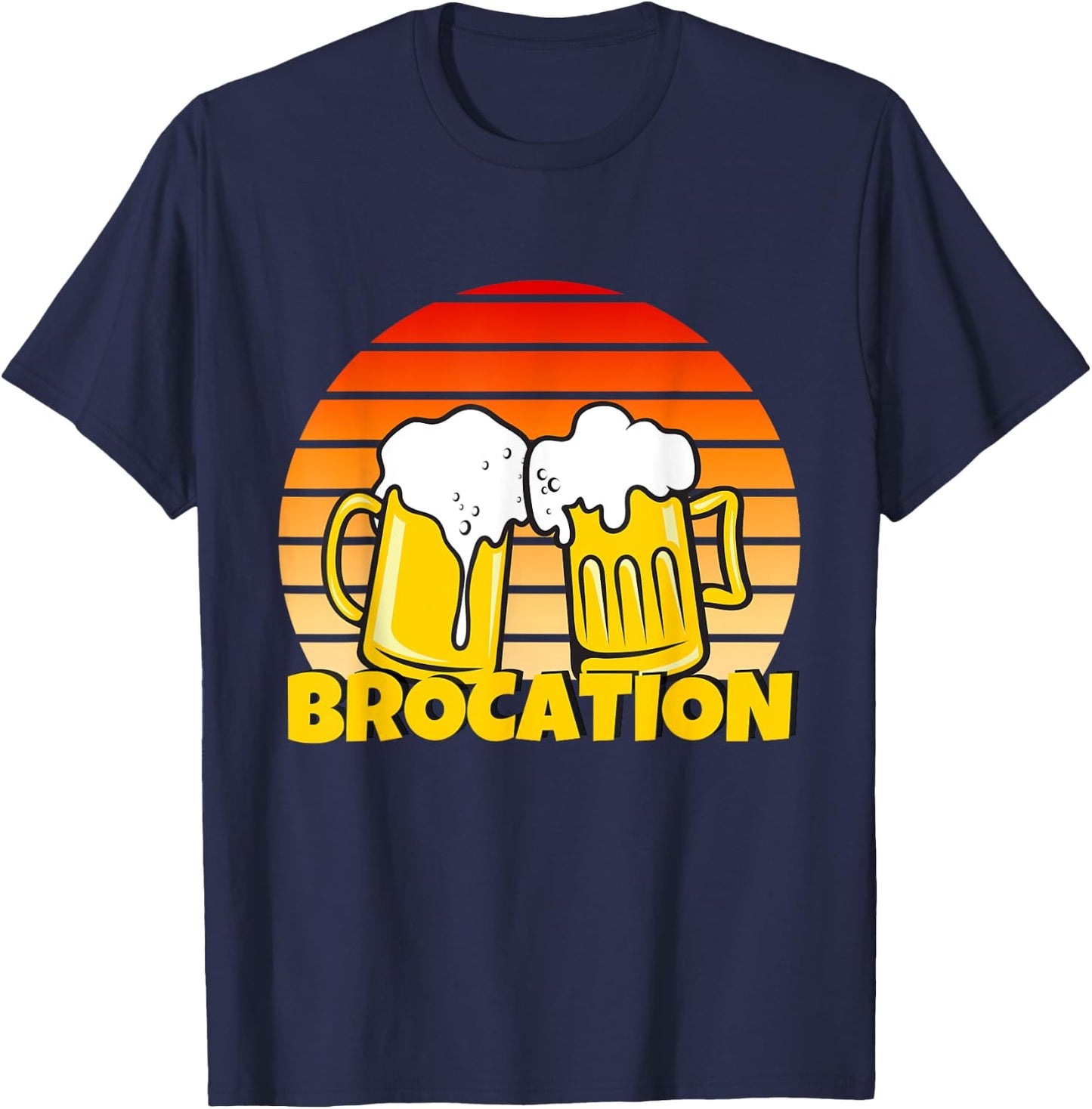 Retro Sunrise & Beers. Time for a BROCATION T-Shirt - T-Shirt | Navy