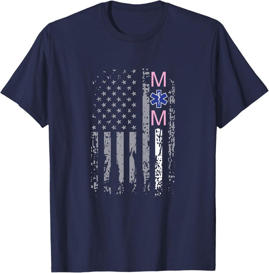 EMS Mom Shirt EMT Mom Thin White Line American Flag T-Shirt - T-Shirt | Navy