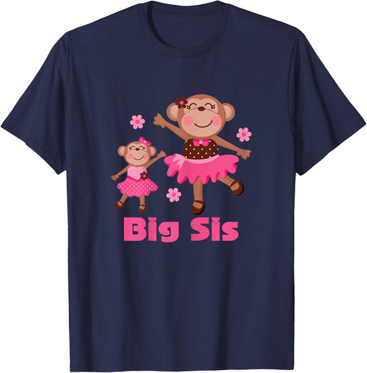 Big Sis Ballerina Girls Monkey Sister Announcement T-Shirt - T-Shirt | Navy