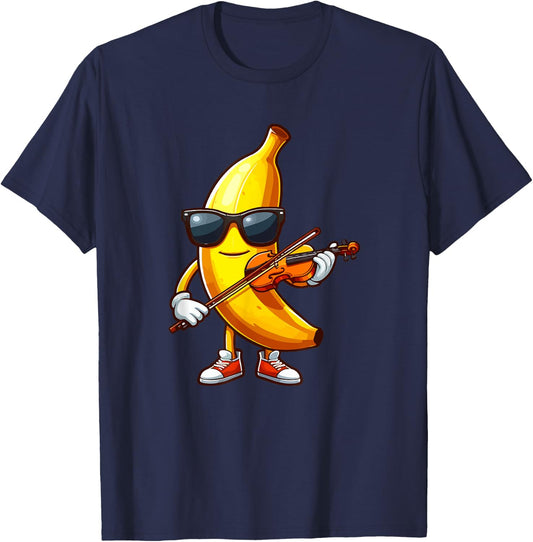 Banana Sunglasses Playing Violin Funny Fruit Instrument T-Shirt - T-Shirt | Navy