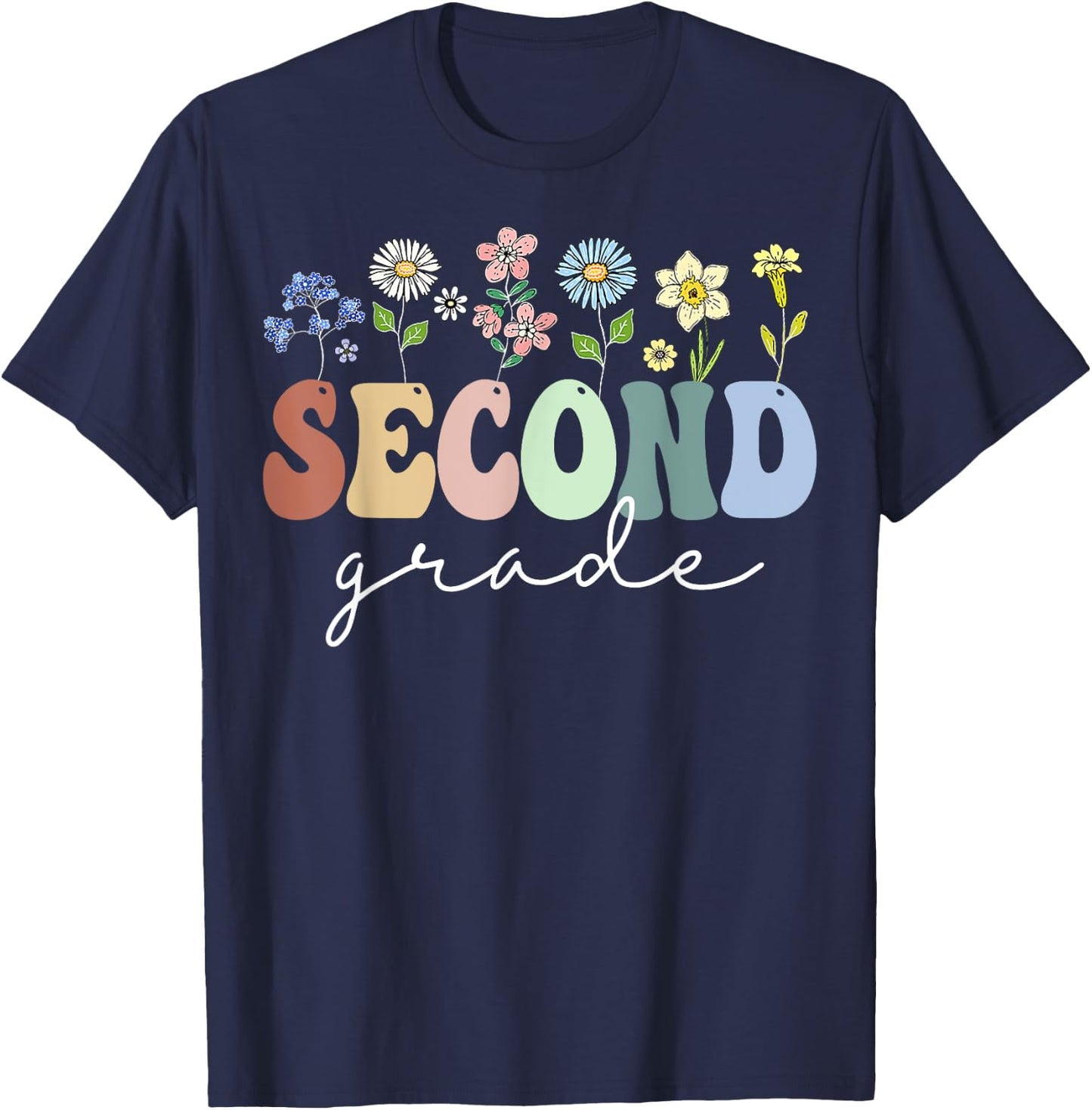 2nd Grade Wildflower Floral Back To School Gift Teachers Women Girls Kids T-Shirt - T-Shirt | Navy