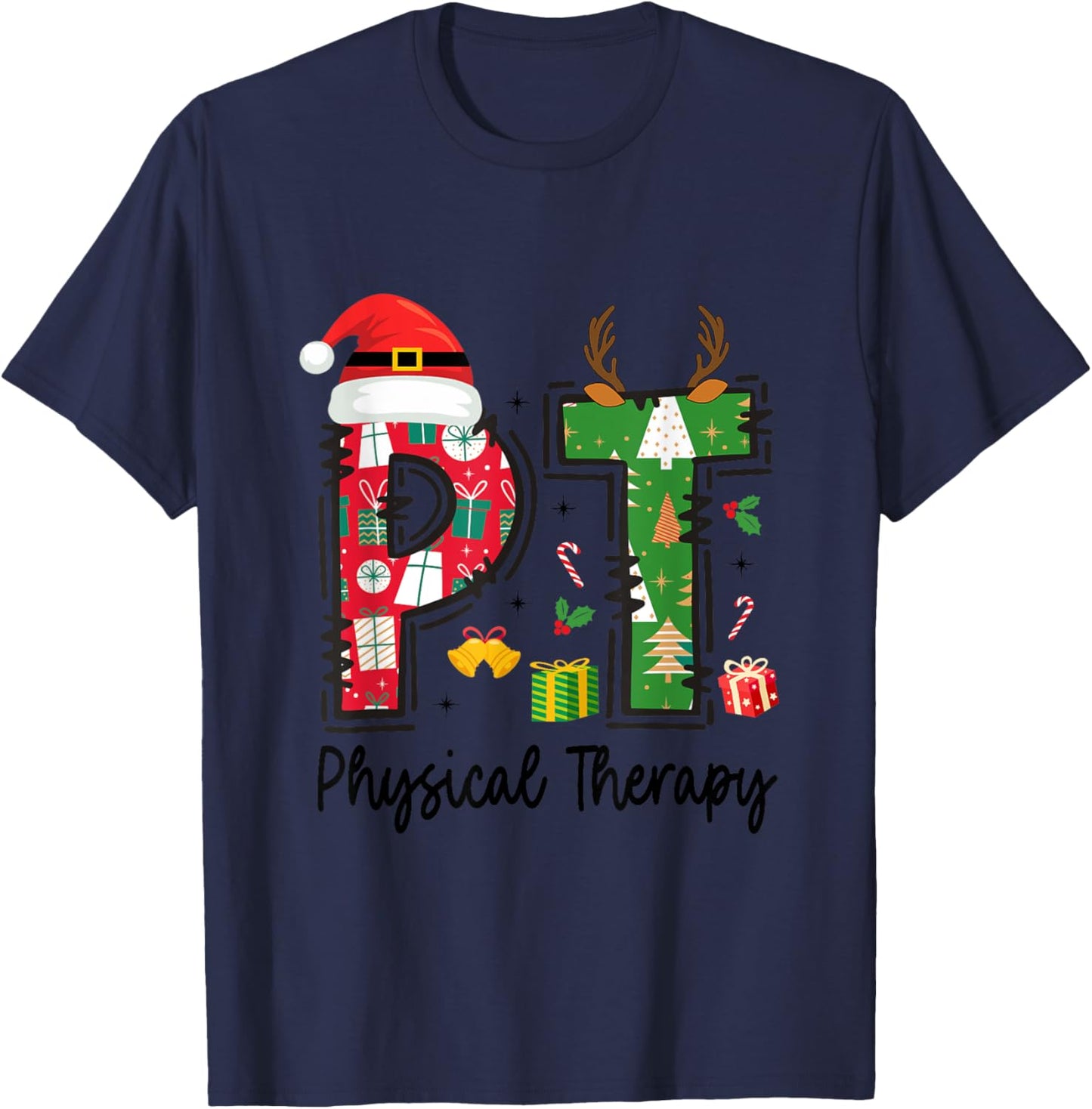 Christmas Physical Therapy Ls -Adults Grey Small Classic Fit Short Sleeve Graphic Cartoon Holiday Physical Therapy Therapist Xmas T-Shirt - T-Shirt | Navy