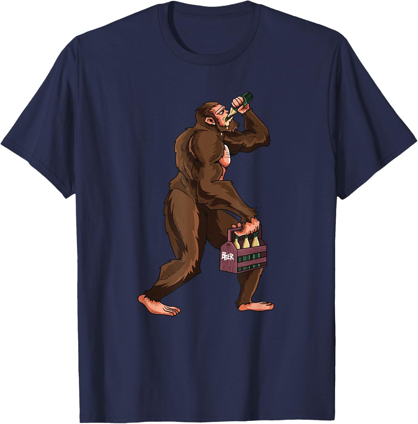 Funny Bigfoot Carrying Drinking Beer Oktoberfest Yeti Lover T-Shirt - T-Shirt | Navy