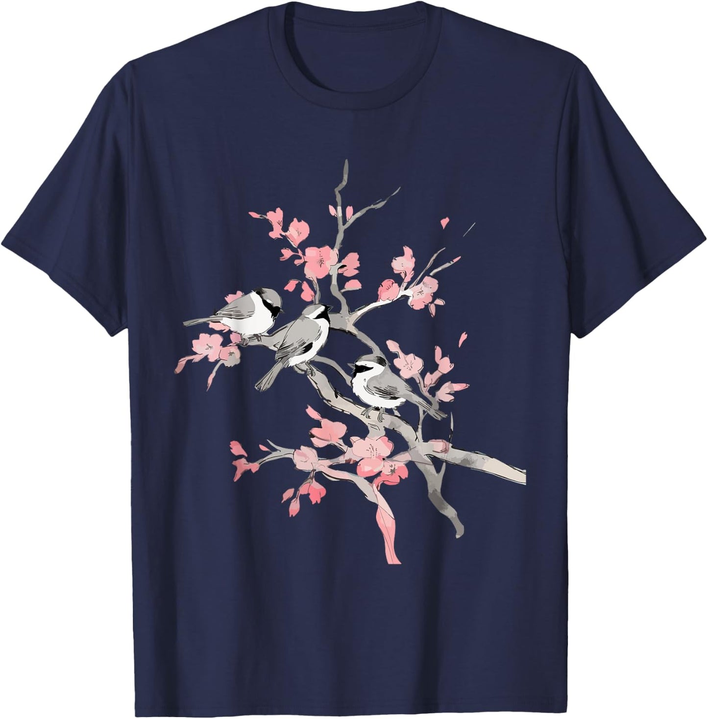 Cherry Blossoms & Birds Birdwatching Bird Lover Cute T-Shirt - T-Shirt | Navy