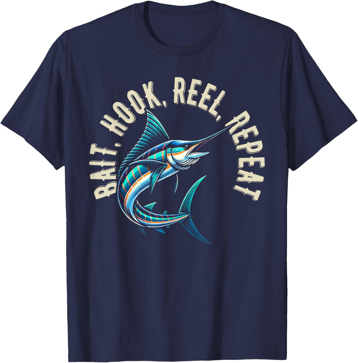 Bait Hook Reel Repeat Big Fish Jumping Fishing Design T-Shirt - T-Shirt | Navy
