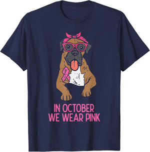 In October We Wear Pink Boxer Dog Breast Cancer Awareness T-Shirt - T-Shirt | Navy