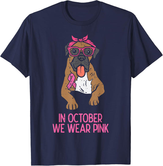 In October We Wear Pink Boxer Dog Breast Cancer Awareness T-Shirt - T-Shirt | Navy