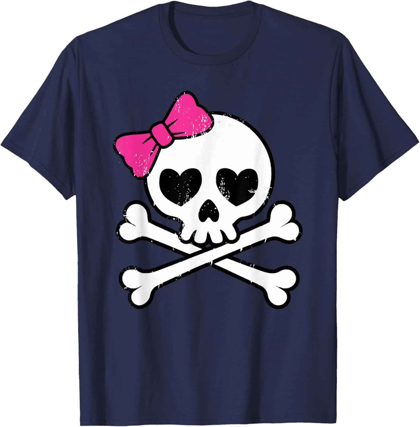 Cute Pretty Pink Skull Crossbones Girl with Hot Pink Bow T-Shirt - T-Shirt | Navy