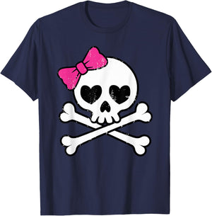 Cute Pretty Pink Skull Crossbones Girl with Hot Pink Bow T-Shirt - T-Shirt | Navy