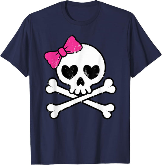 Cute Pretty Pink Skull Crossbones Girl with Hot Pink Bow T-Shirt - T-Shirt | Navy