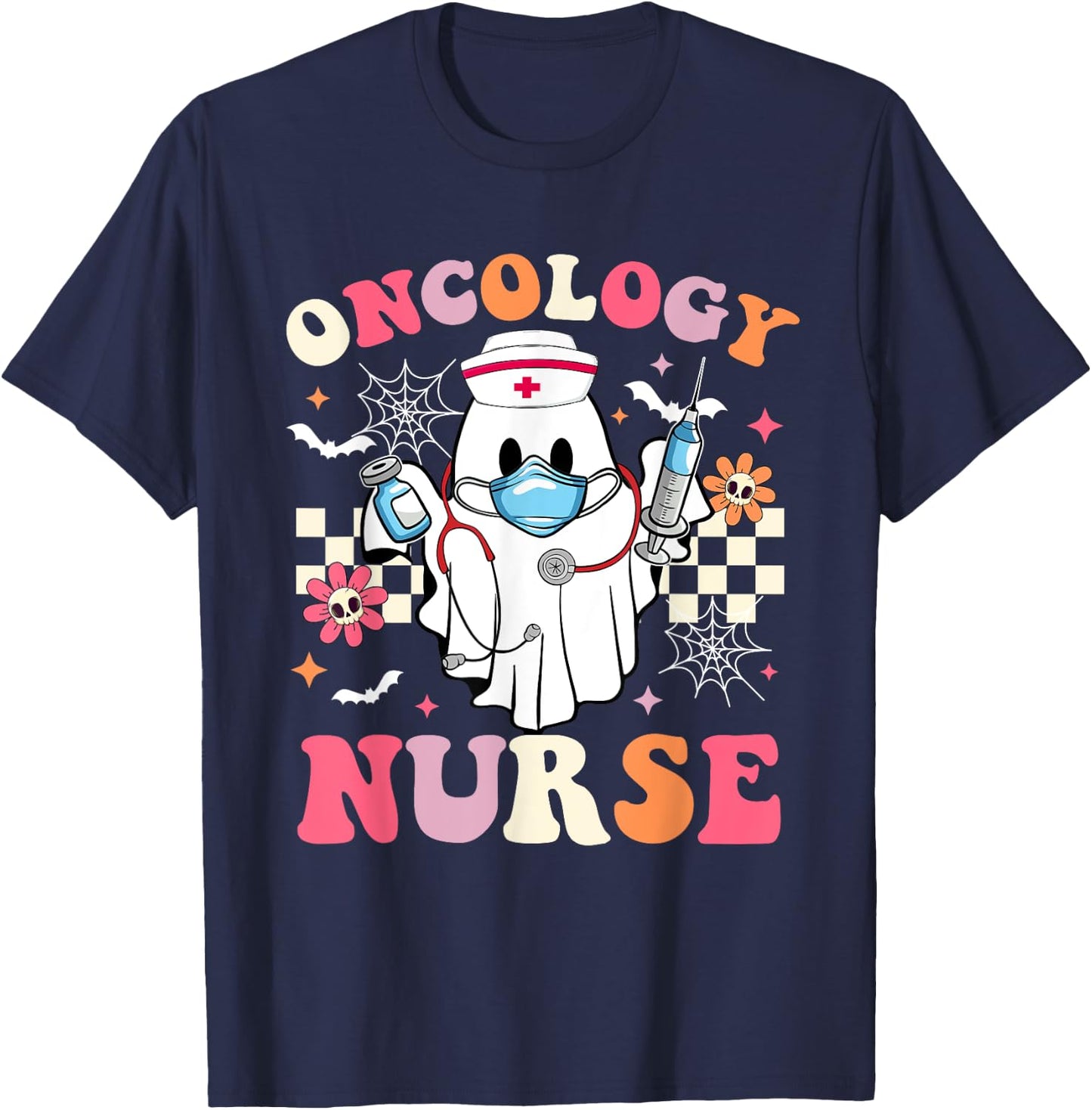 Spooky Oncology Nurse Ghost Halloween Cute Groovy Nursing T-Shirt - T-Shirt | Navy