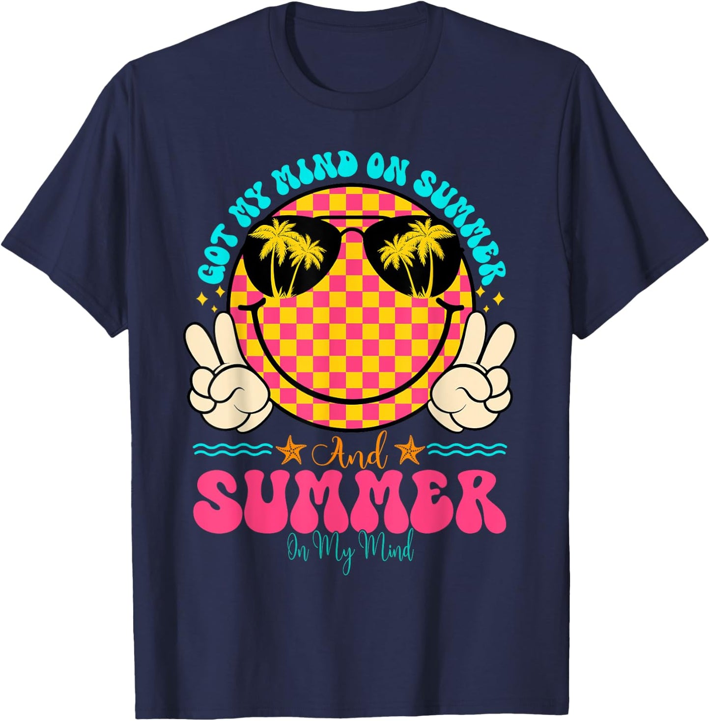 Groovy Happy Face Summer Vibes Got My Mind On Summer Teacher Women T-Shirt - T-Shirt | Navy