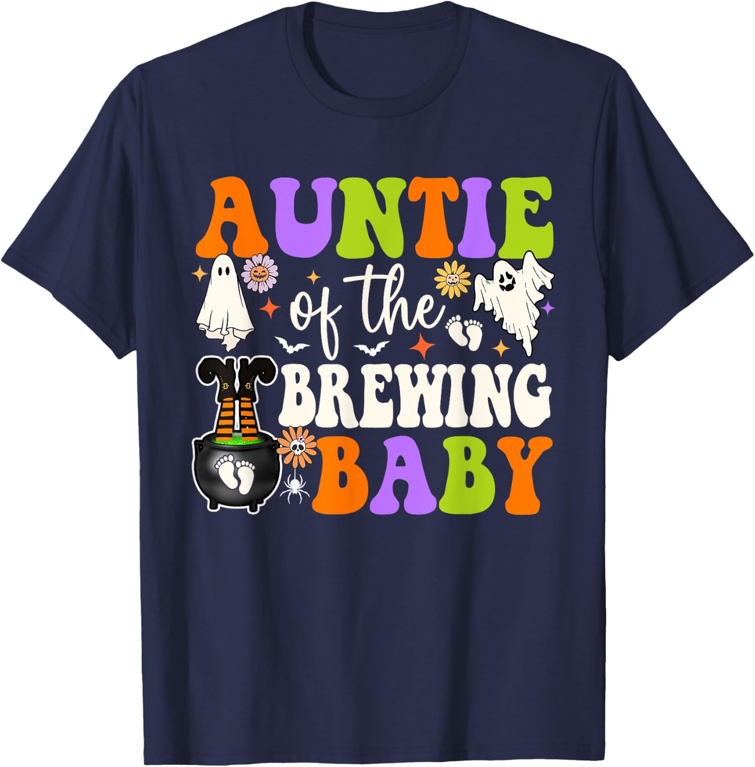 Auntie of Brewing Baby Halloween Theme Baby Shower Spooky T-Shirt - T-Shirt | Navy