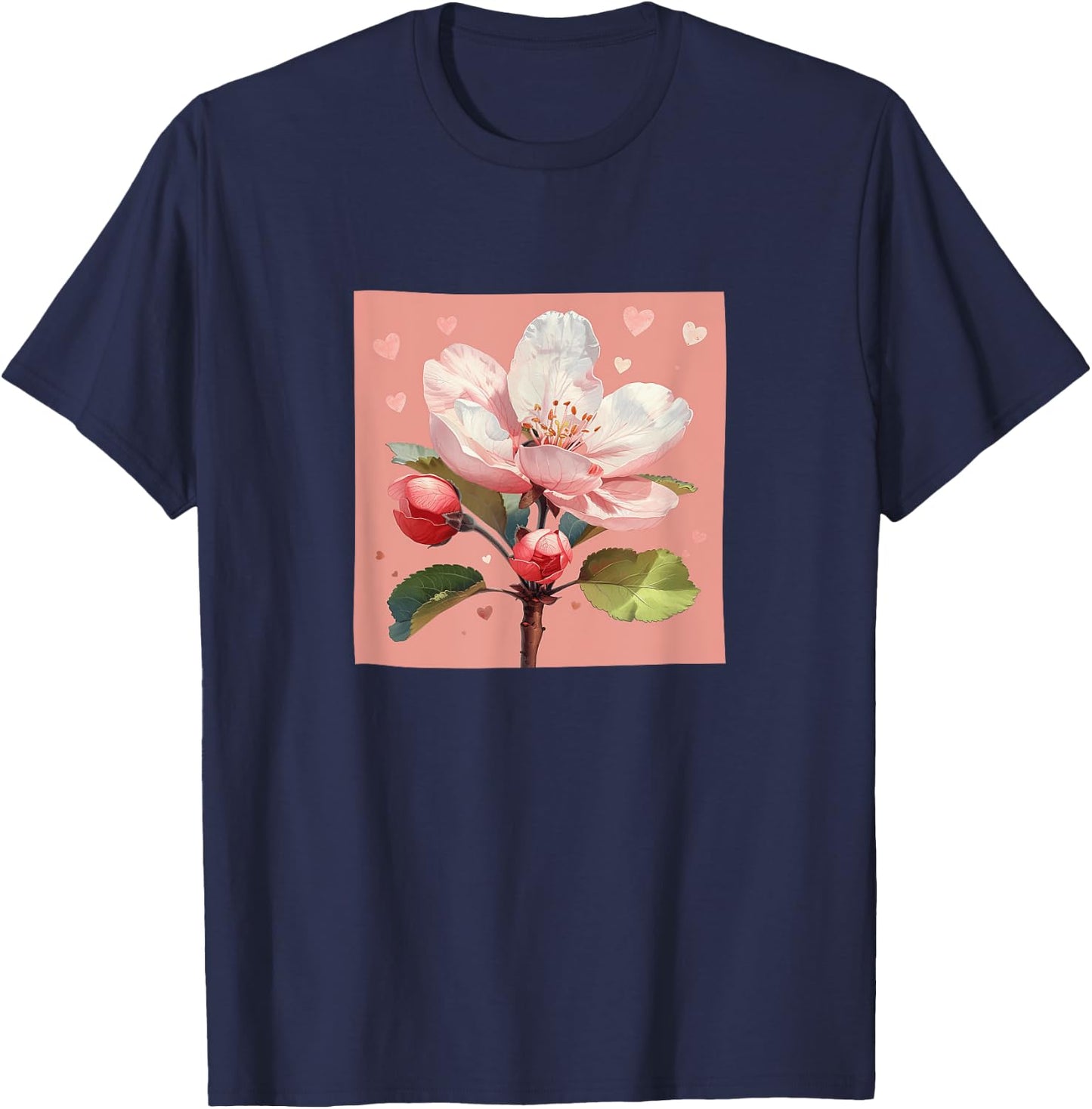 Apple Blossom Flower With Hearts Around Boho Style Graphic T-Shirt - T-Shirt | Navy