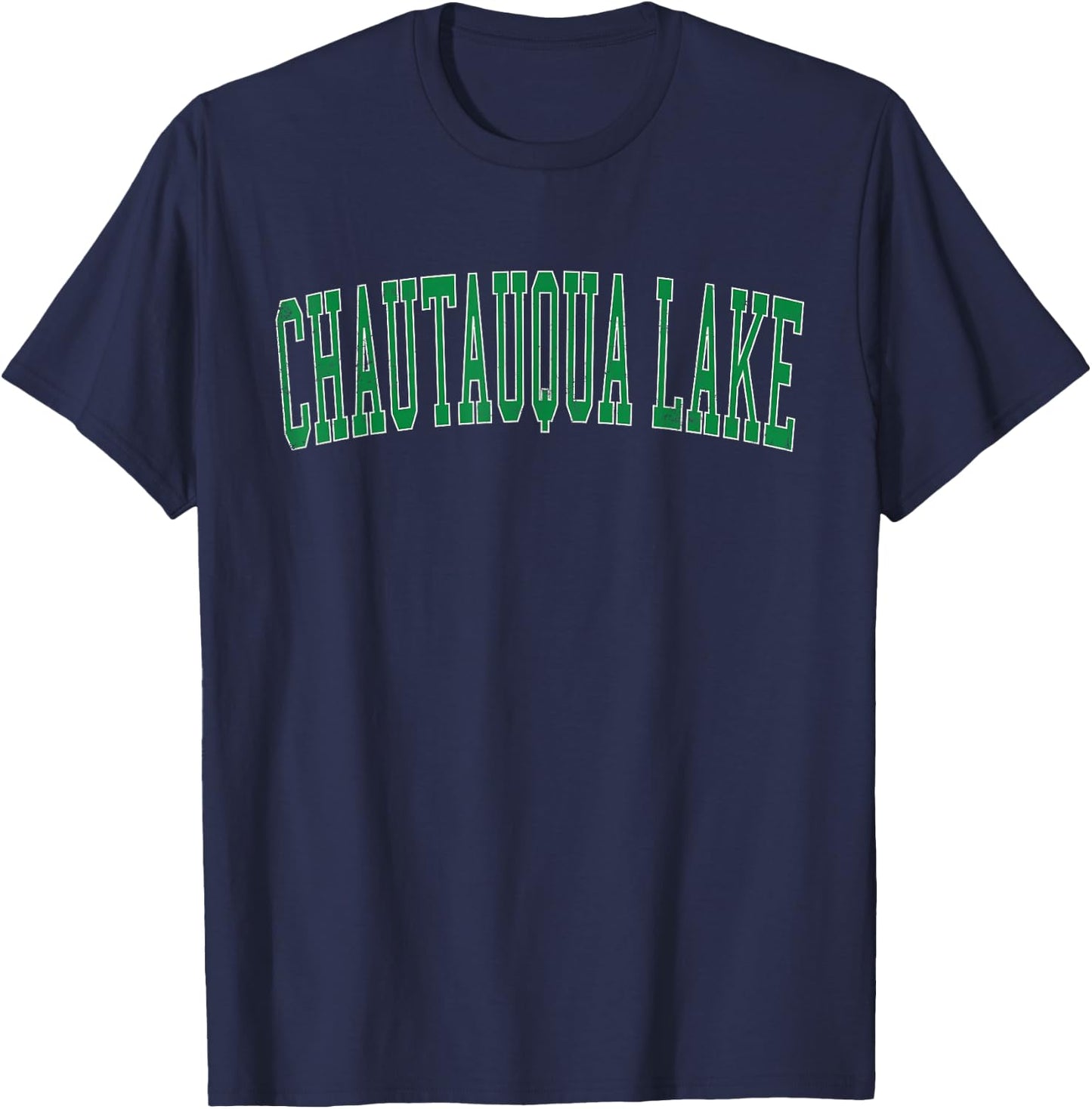 Vintage Chautauqua Lake Distressed Green Varsity Style T-Shirt - T-Shirt | Navy