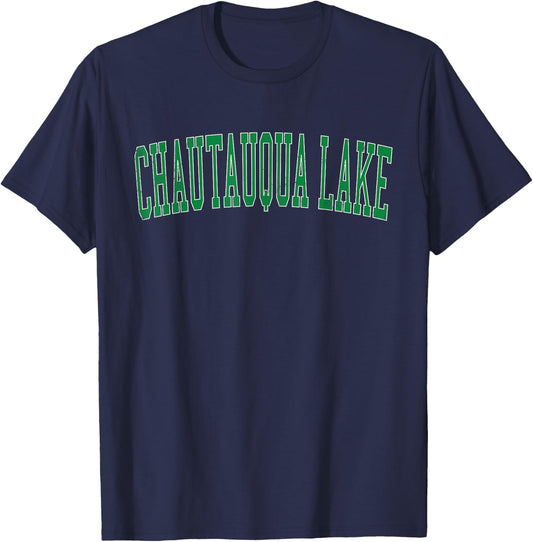 Vintage Chautauqua Lake Distressed Green Varsity Style T-Shirt - T-Shirt | Navy