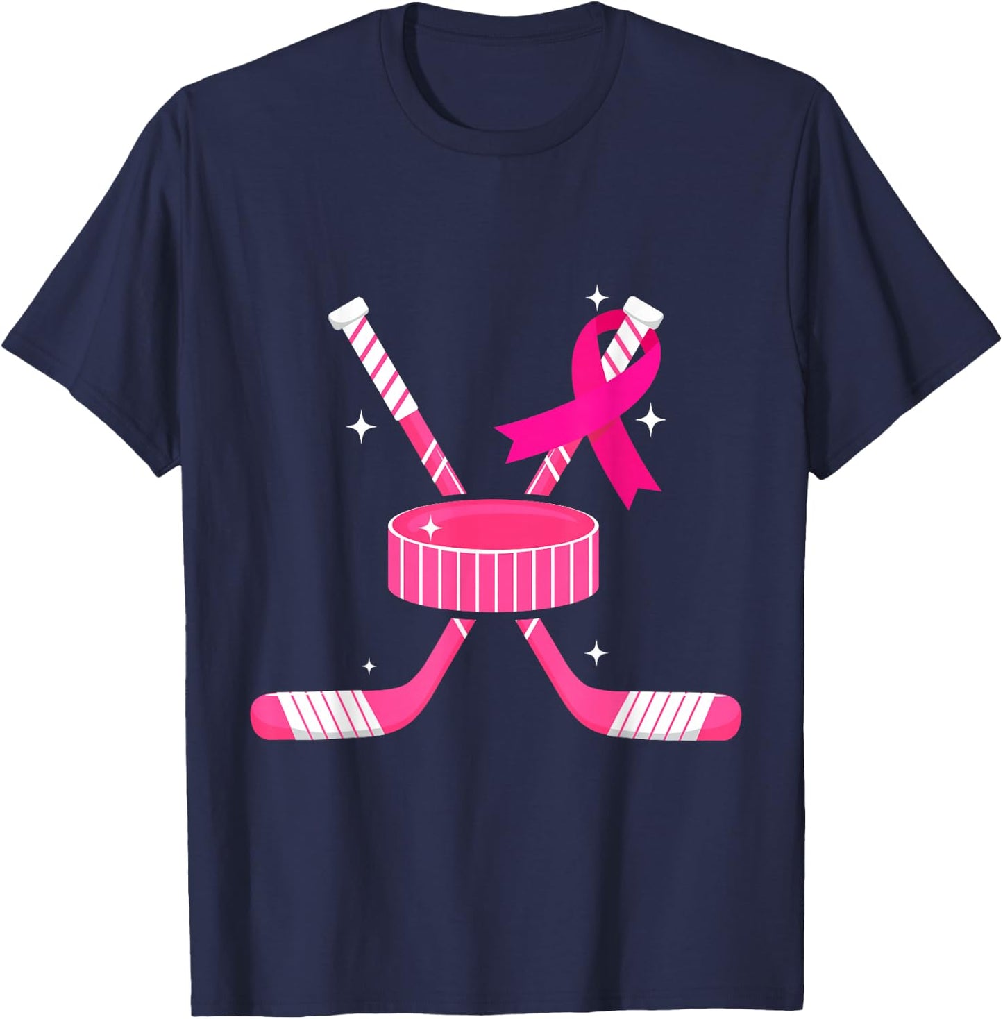 Ice Hockey Pink Ribbon Breast Cancer Awareness Survivors T-Shirt - T-Shirt | Navy