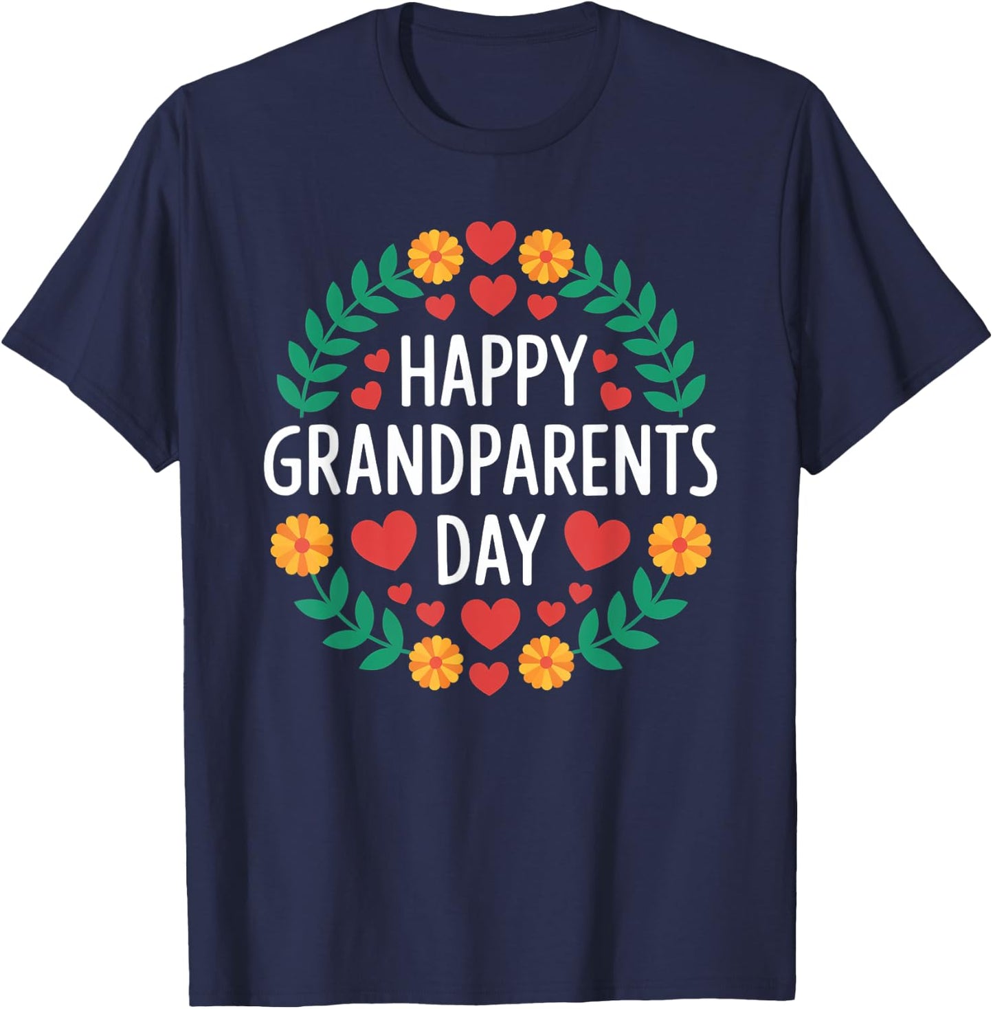 Happy Grandparents Day Wreath Grandpa Grandma Decorate Gifts T-Shirt - T-Shirt | Navy
