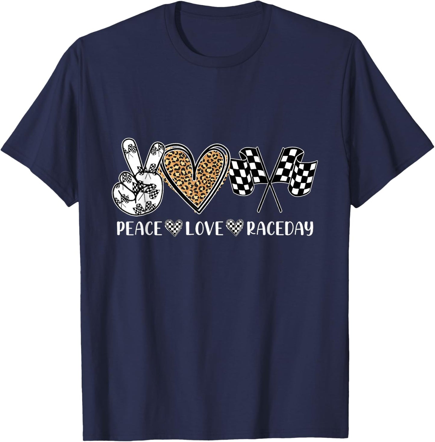 Peace Love Raceday Racing Drag Racing Checkered Flag Race T-Shirt - T-Shirt | Navy