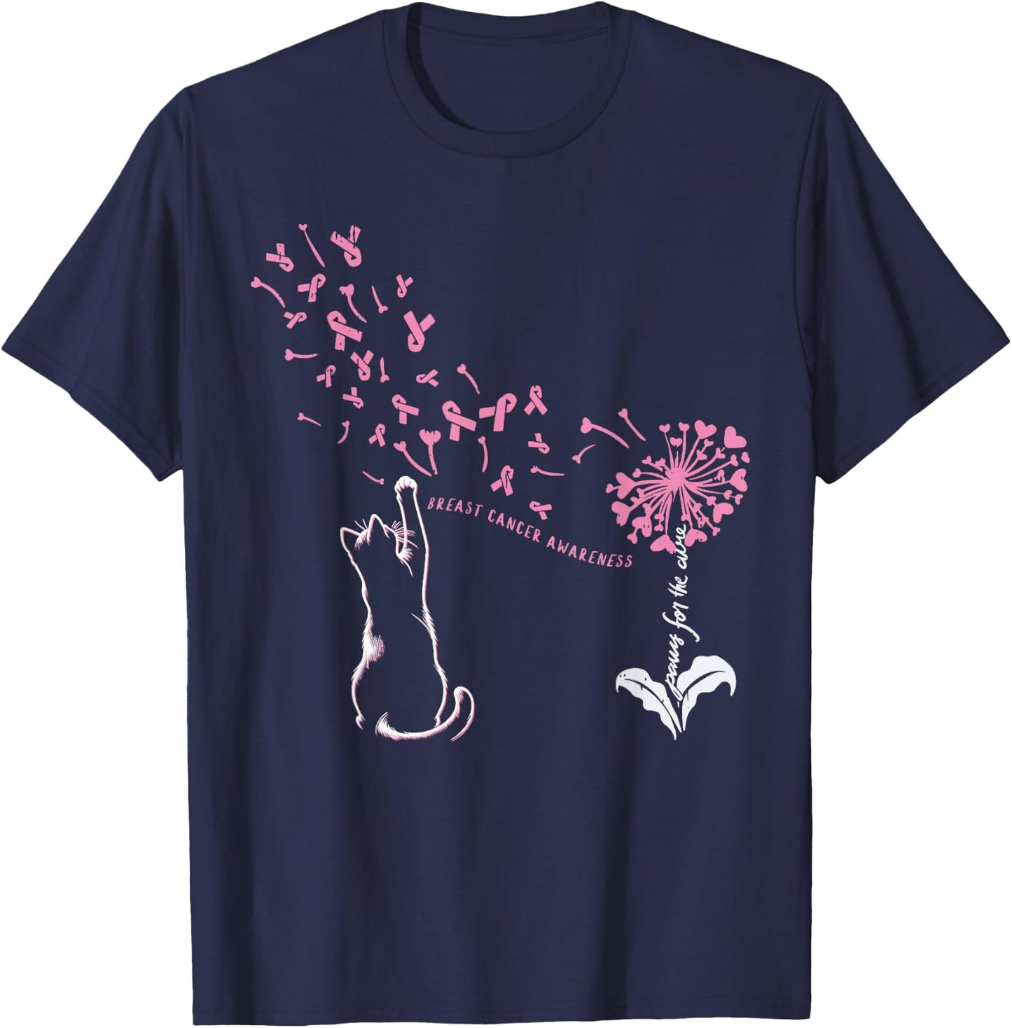 Cat Paw For Cure Support Breast Cancer Awareness Dandelion T-Shirt - T-Shirt | Navy