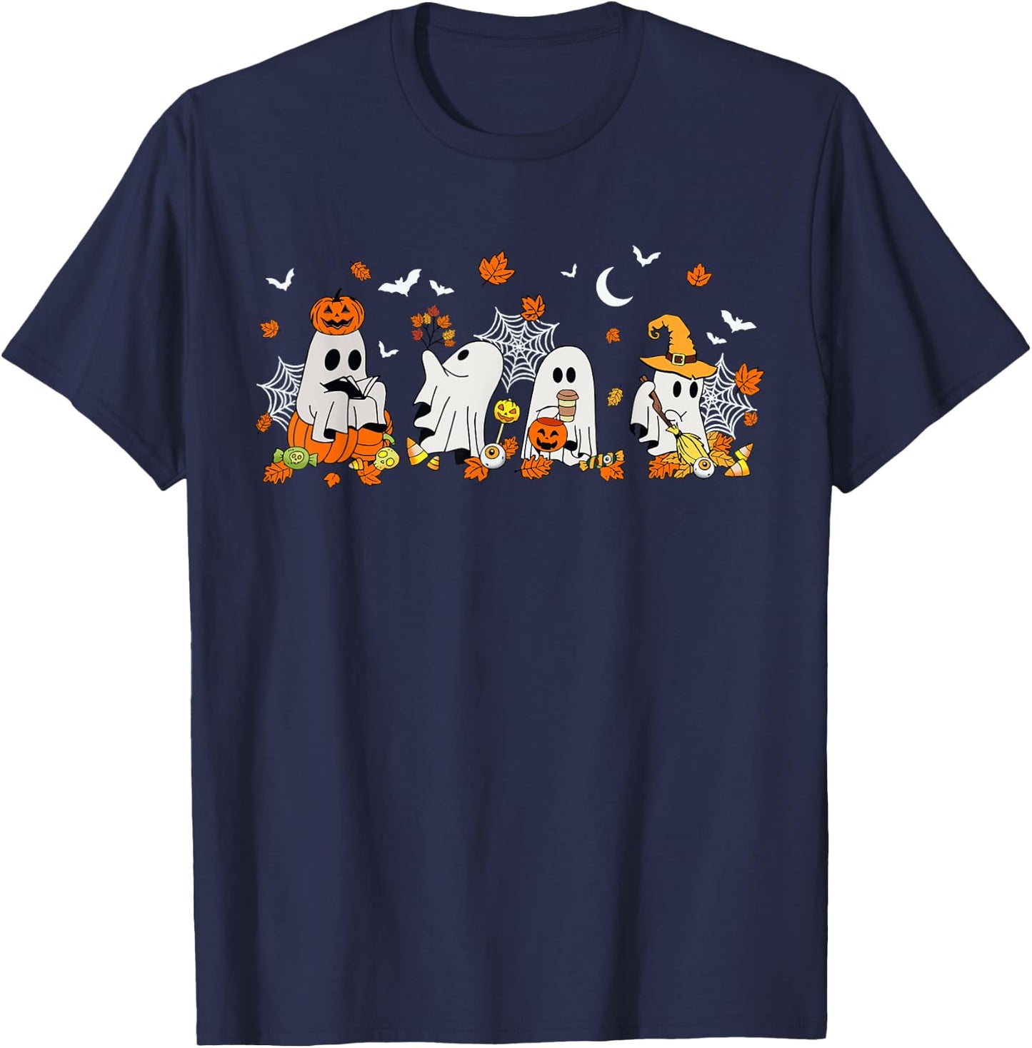 Cute Ghost Drinking Coffee Halloween Fall Ghost Book Reading T-Shirt - T-Shirt | Navy