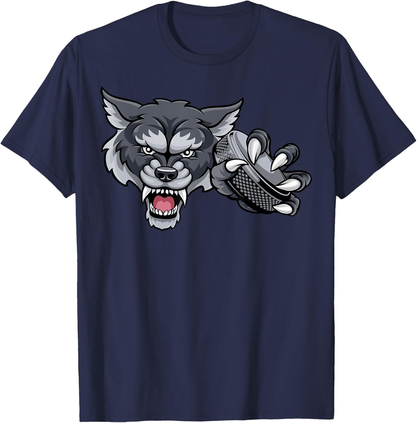 Wolf Cartoon Sports Wolves Team Mascot Holding Hockey Puck T-Shirt - T-Shirt | Navy