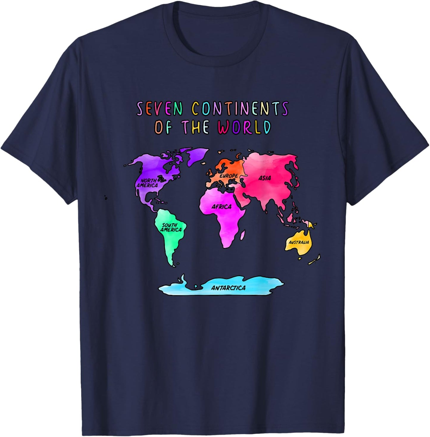 Simplified, watercolor world map, names of the continents T-Shirt - T-Shirt | Navy
