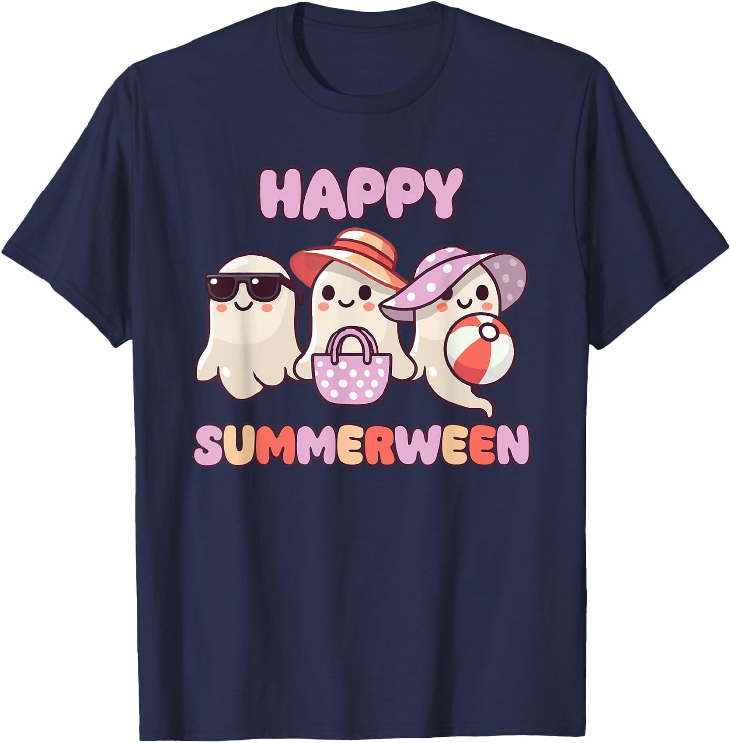 Happy Summerween Summer Halloween Ghost Men Women Kids T-Shirt - T-Shirt | Navy