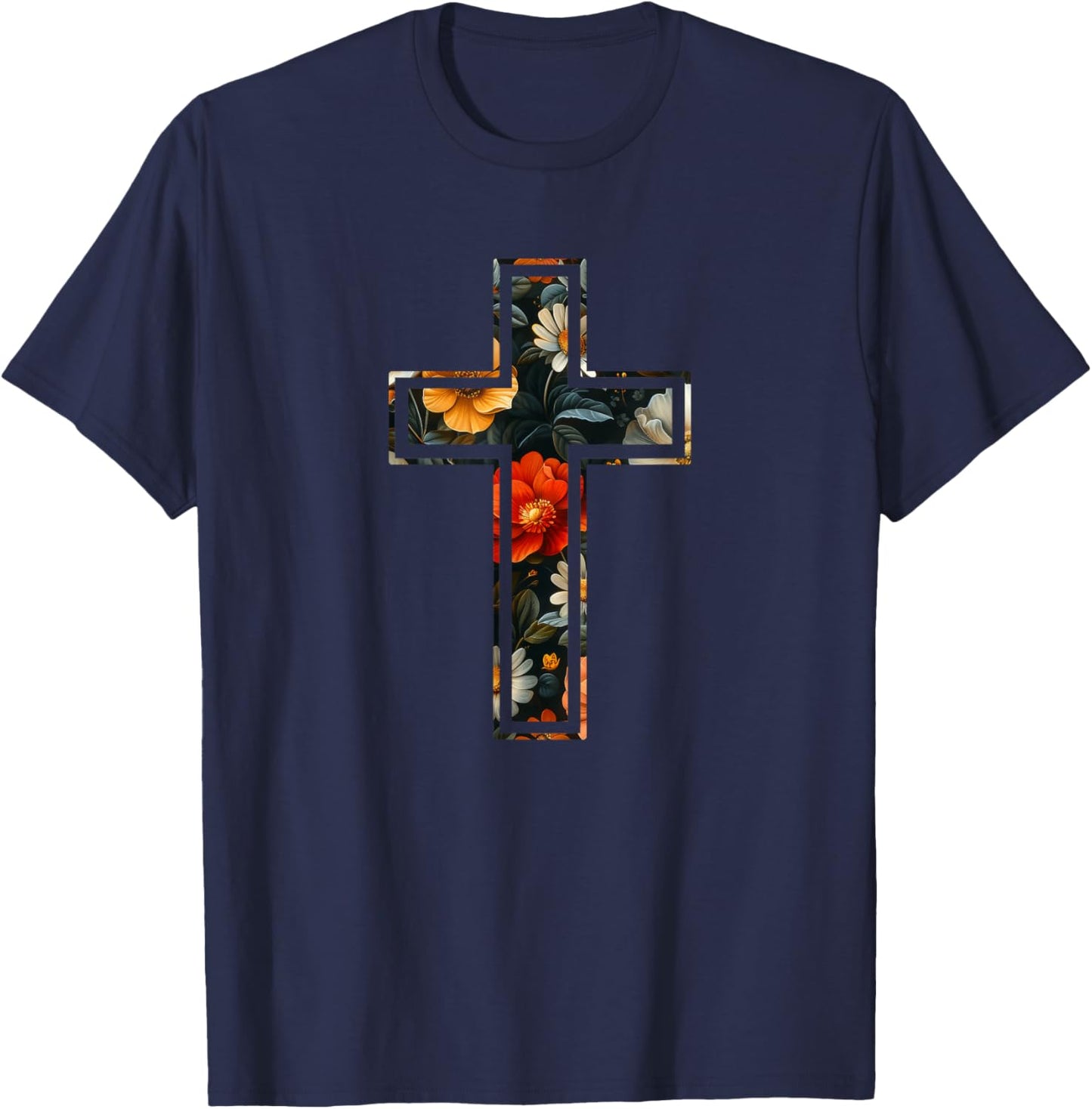Elegant Silhouette Flowers Faith Floral Christian Cross T-Shirt - T-Shirt | Navy