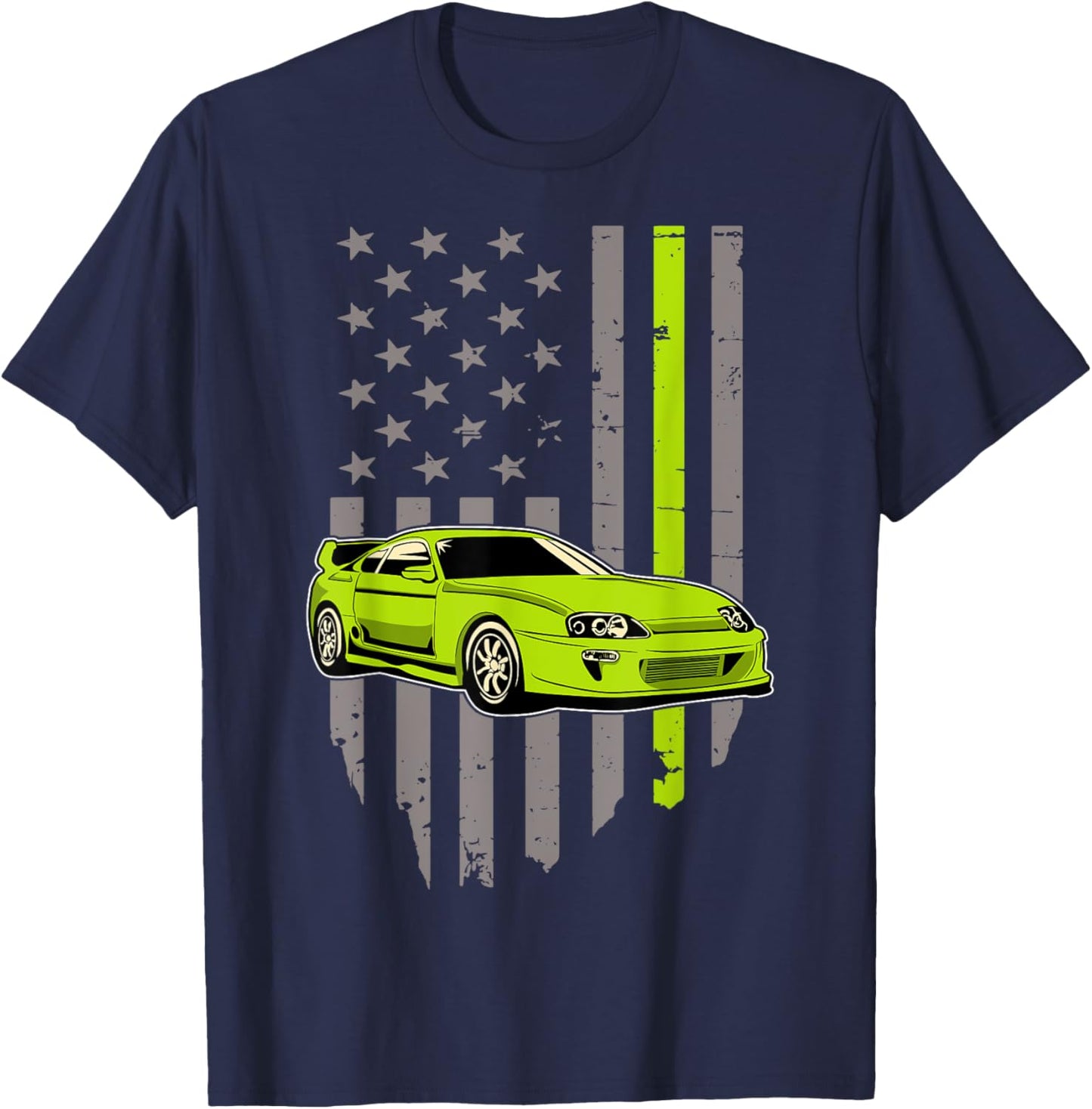 USA Flag Green Mk4 JDM Tokyo Supra Drift Car Street Racing T-Shirt - T-Shirt | Navy