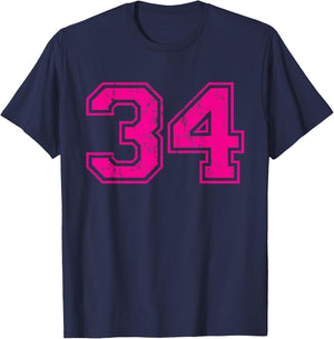 Number 34 Varsity Distressed Vintage Sport Team Player's T-Shirt - T-Shirt | Navy