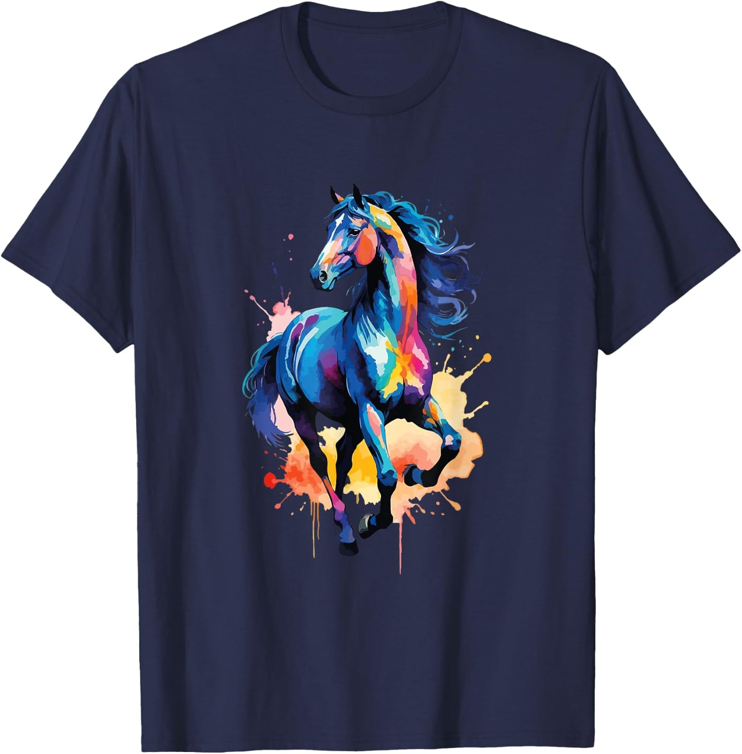 Colorful Horse Graphic Watercolor Style Horse Riding T-Shirt - T-Shirt | Navy