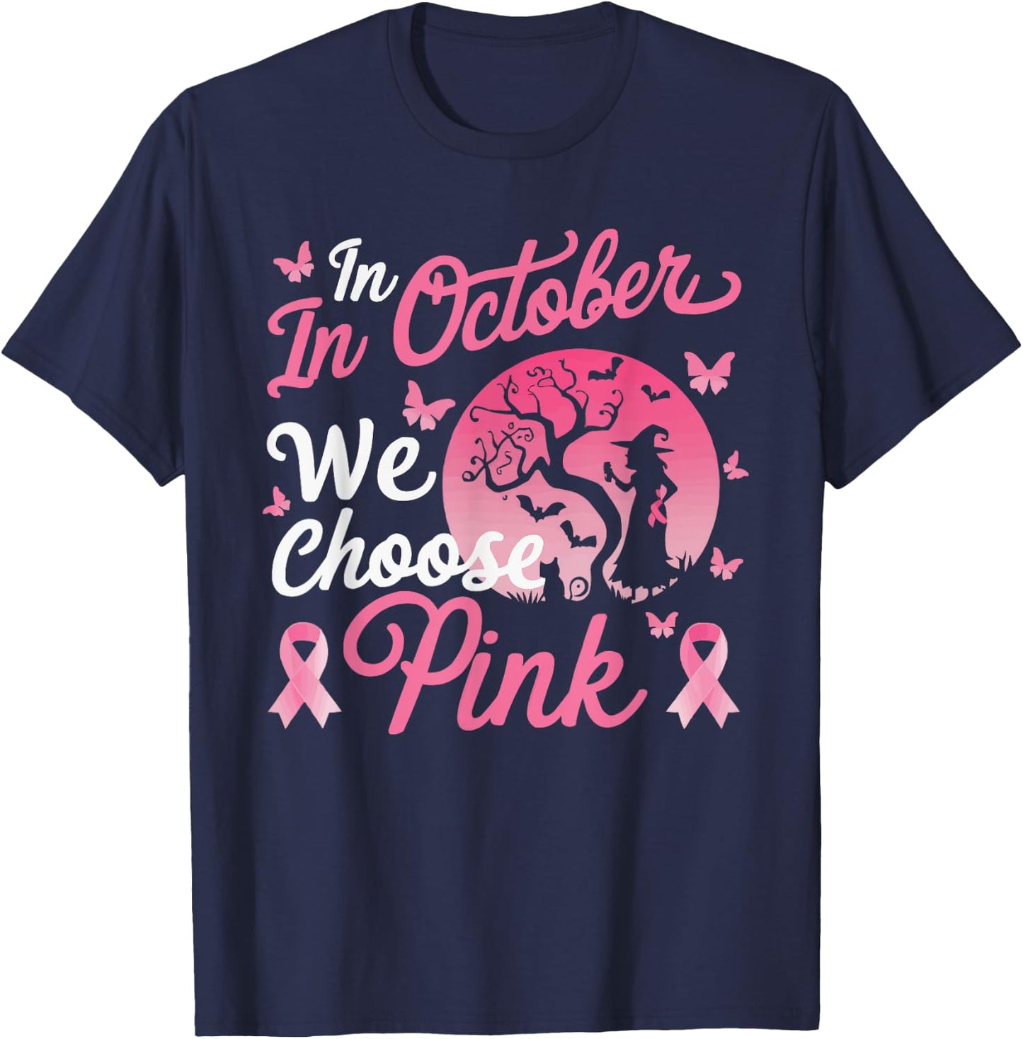 Halloween Breast Cancer Awareness Month Pink Ribbon T-Shirt - T-Shirt | Navy