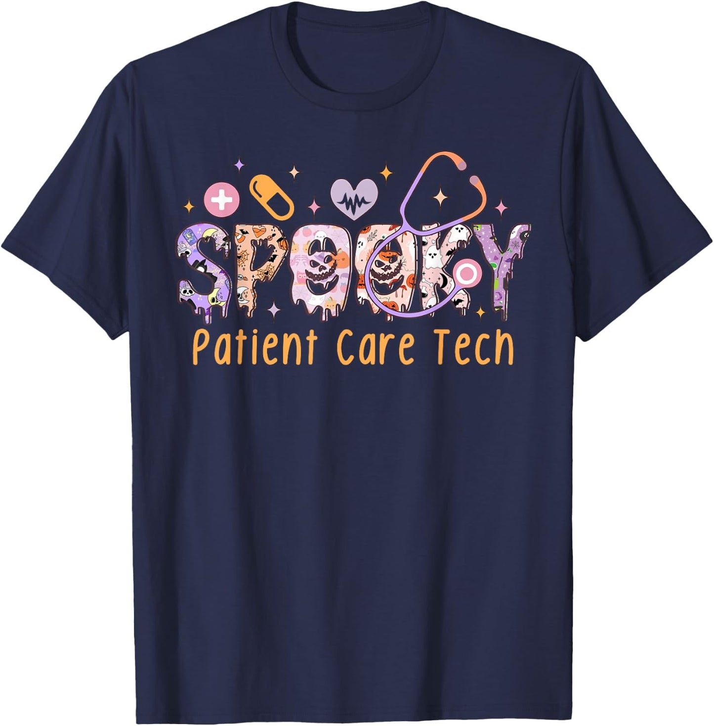 Spooky Patient Care Tech PCT Healthcare Aide Halloween T-Shirt - T-Shirt | Navy