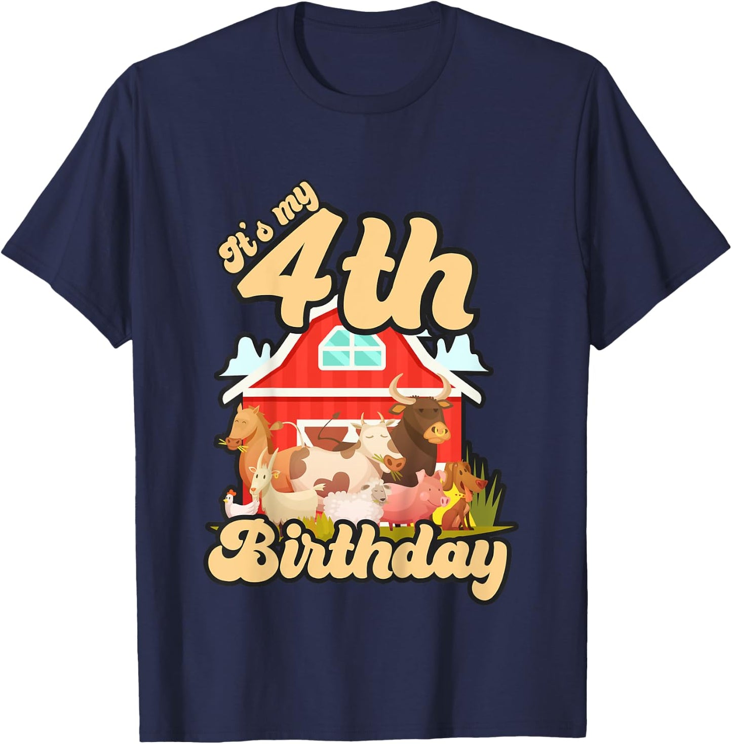 4th Birthday Shirt Farm Animals Cow Horse Pig 4 Years Old T-Shirt - T-Shirt | Navy