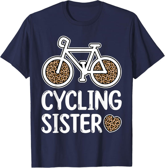 Cycling Sister Leopard Print Cyclist Funny Girls Kid Bicycle T-Shirt - T-Shirt | Navy