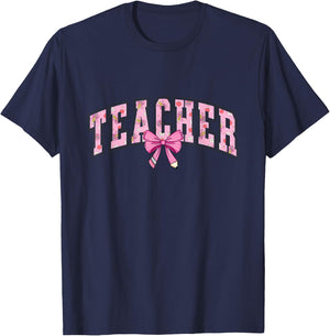 Coquette Bow Back To School First Day Teacher T-Shirt - T-Shirt | Navy