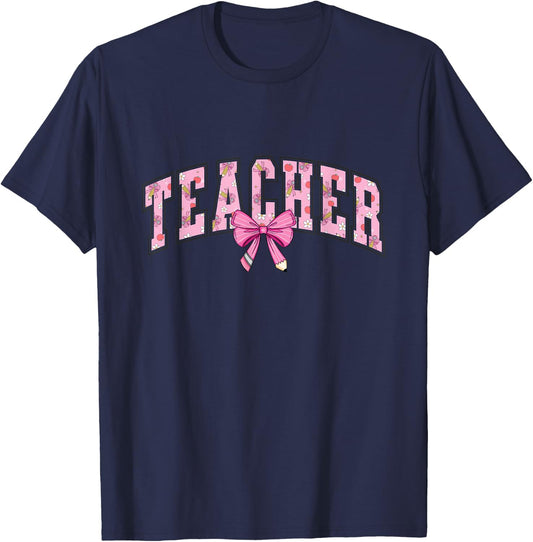 Coquette Bow Back To School First Day Teacher T-Shirt - T-Shirt | Navy