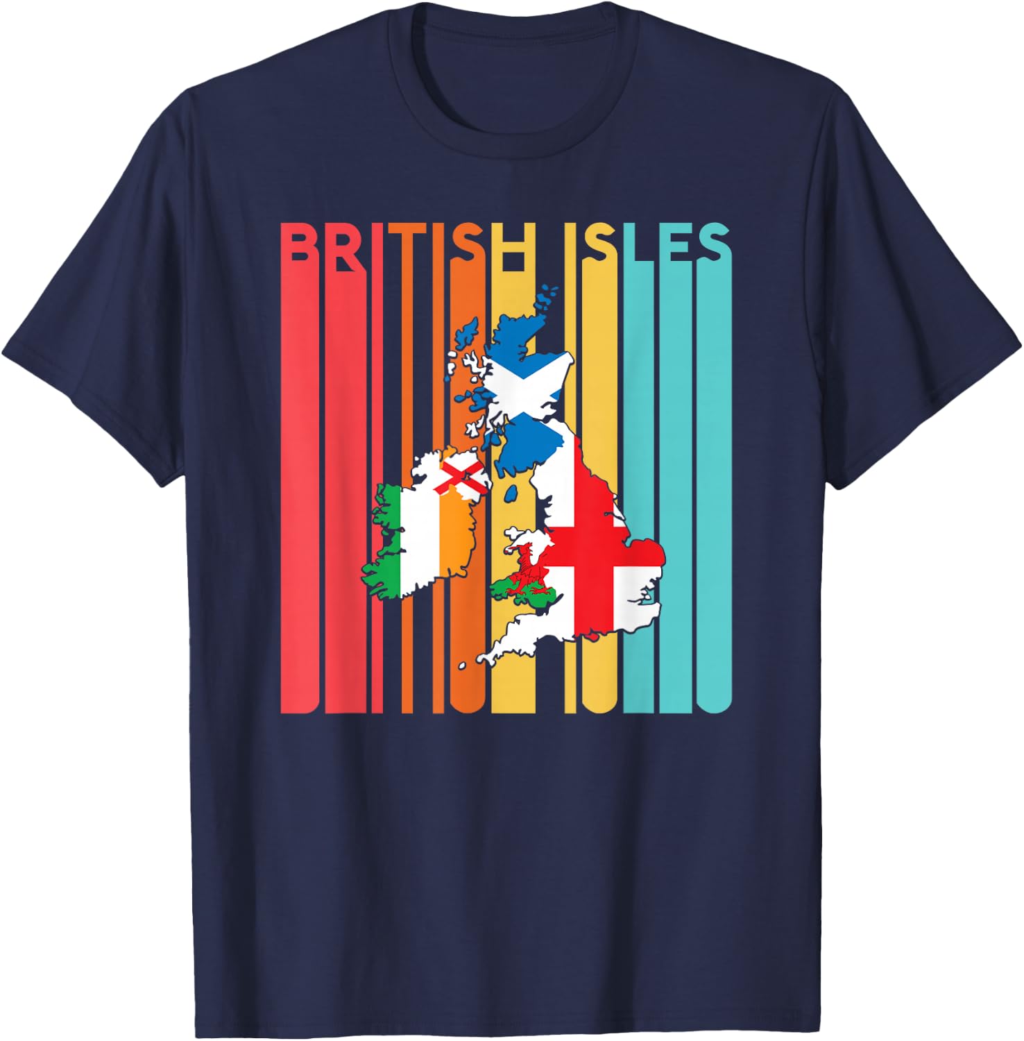 British Isles Sea Ireland Scotland Wales England Map Retro T-Shirt - T-Shirt | Navy