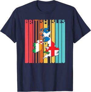 British Isles Sea Ireland Scotland Wales England Map Retro T-Shirt - T-Shirt | Navy