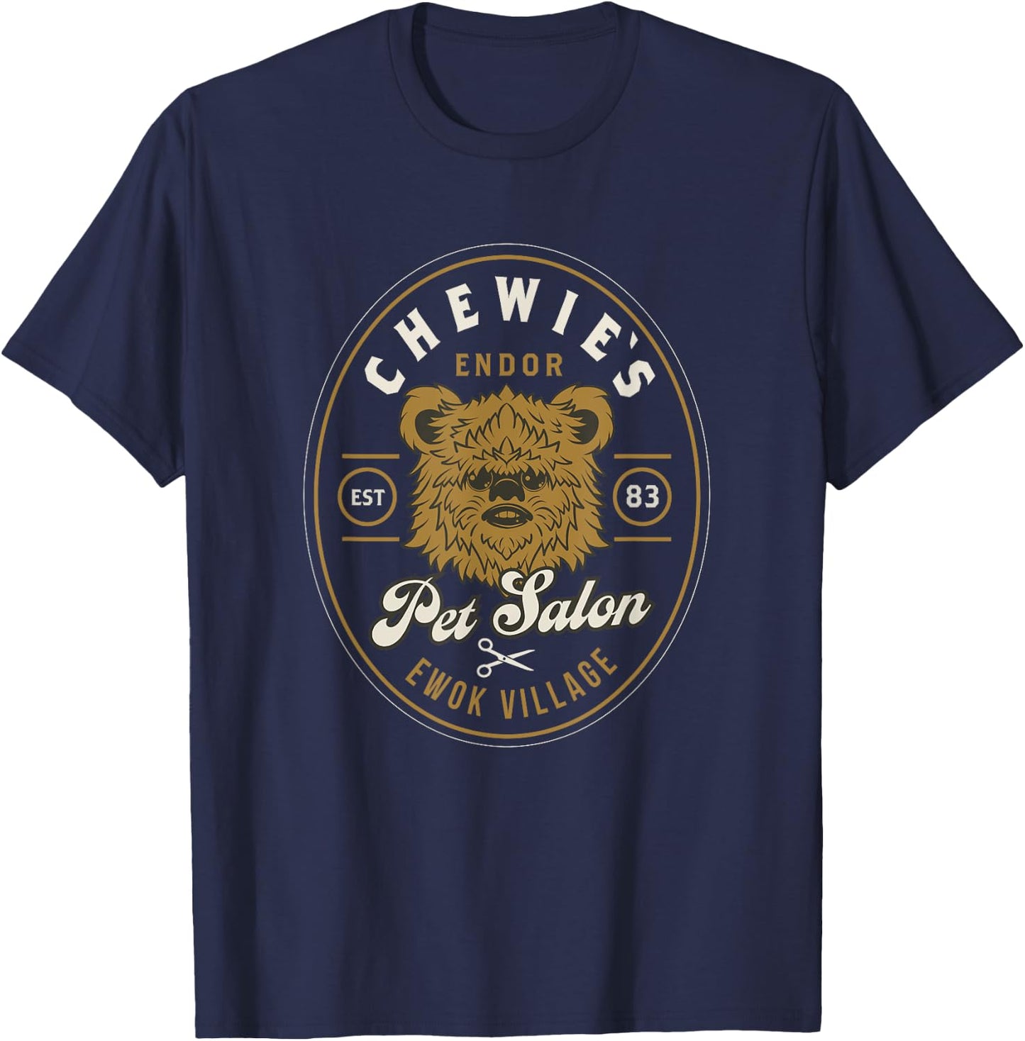 Star Wars Classic Chewie's Pet Salon Endor Ewok Village Logo T-Shirt - T-Shirt | Navy