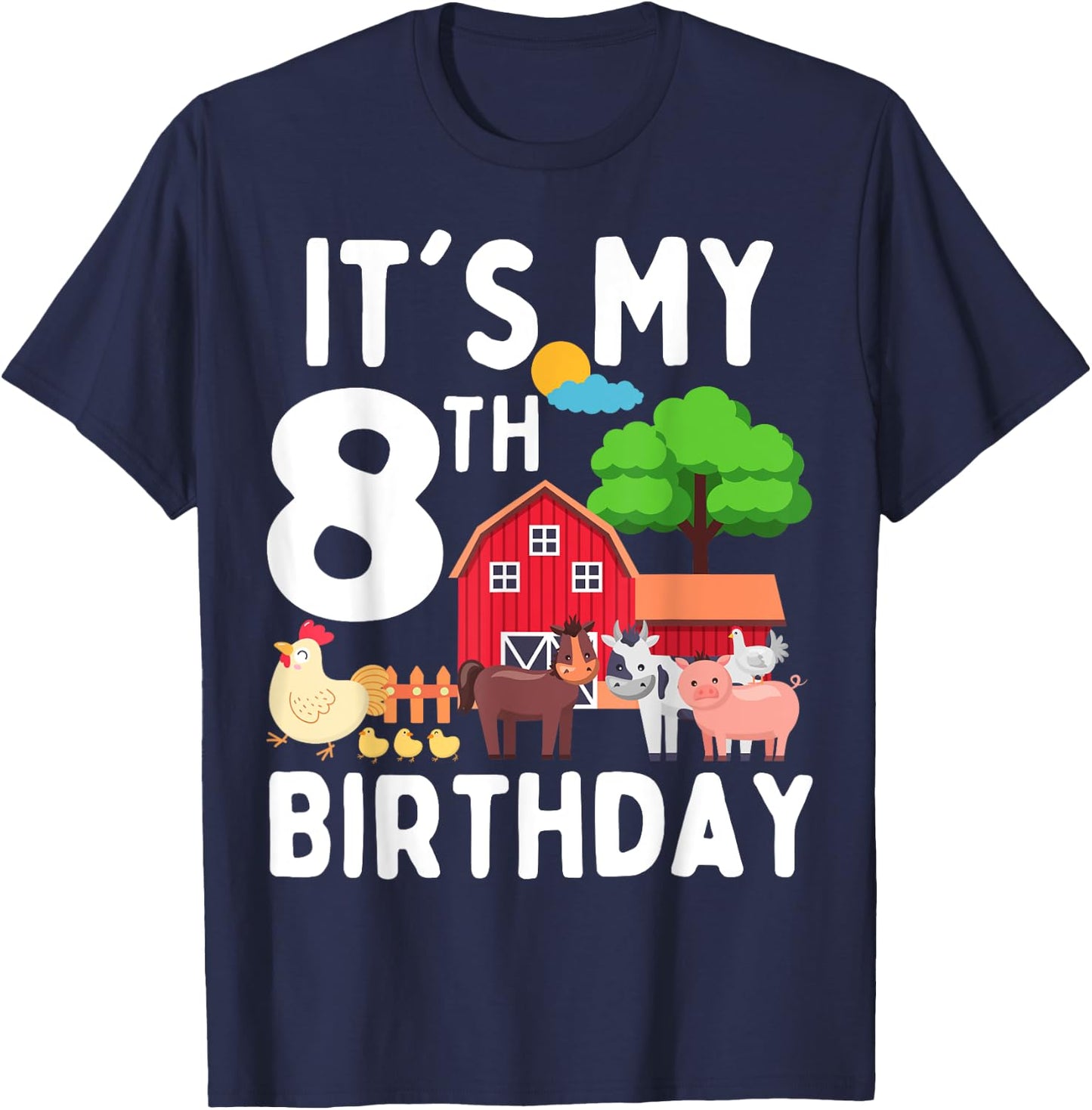 It's My 8th Birthday 8 Years Old Farm Animals Theme for Kids T-Shirt - T-Shirt | Navy