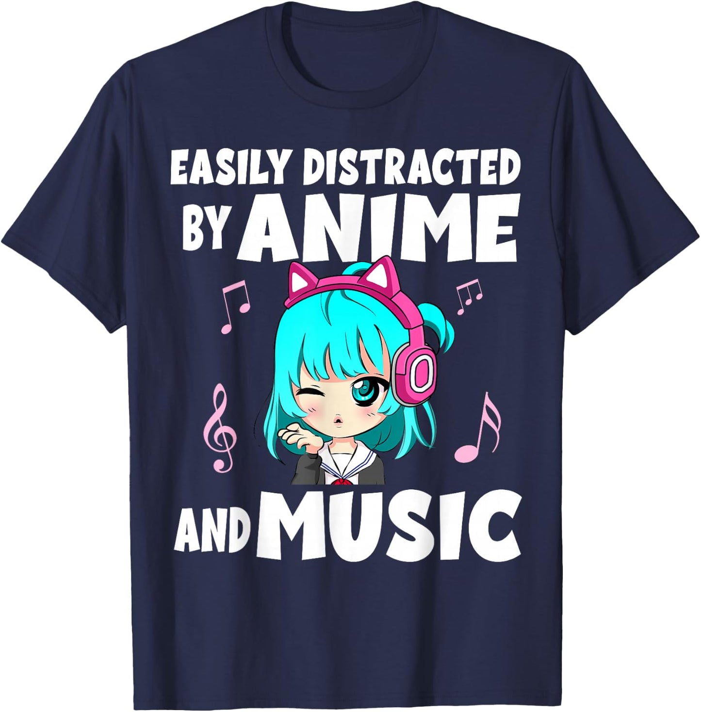 Funny Anime and Music Girl for Teen Chibi Graphic Anime Girl T-Shirt - T-Shirt | Navy